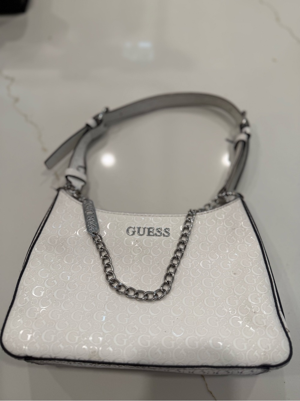 GUESS White Monogram Shoulder Bag with Silver Chain